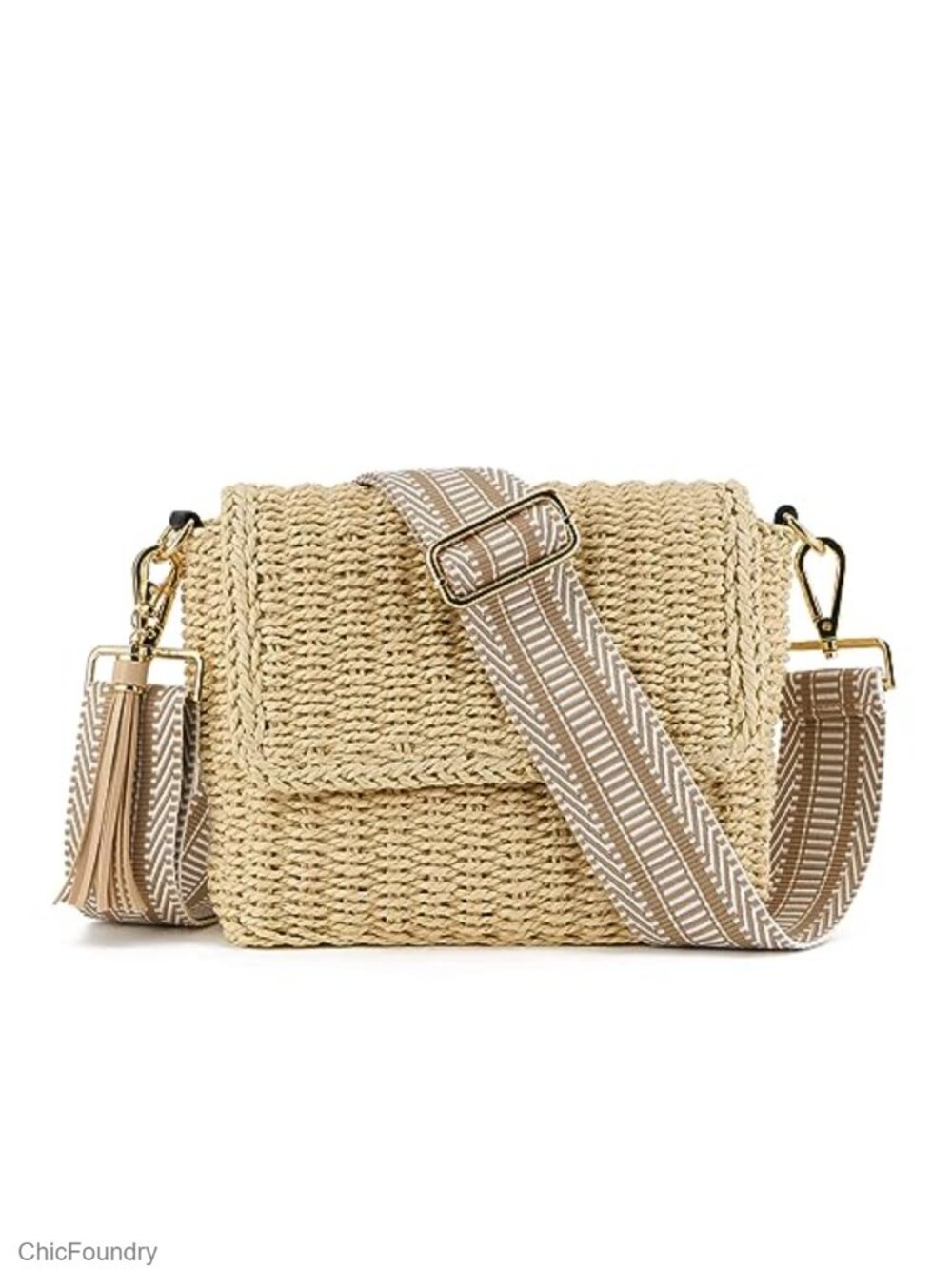 Woven Straw Crossbody Bag with Tassel, Adjustable Canvas Strap, Summer Beach